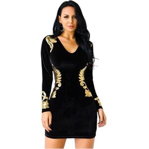 Black Velvet Embellished Dresses  Sequin Long Sleeve Bodycon Small NEW